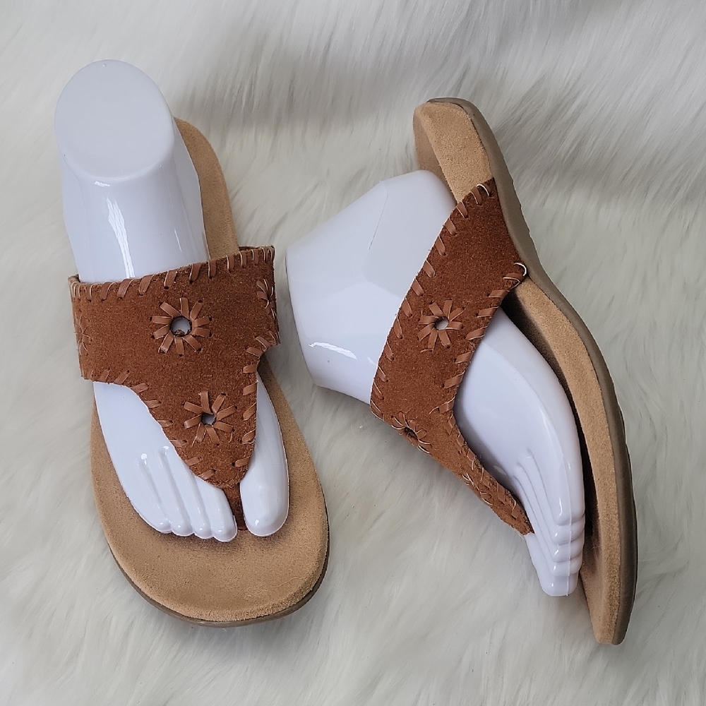 MINNETONKA NeW Mya Brown Suede Whip Stitch Cut Out Boho Slip On Thong Sandals 10